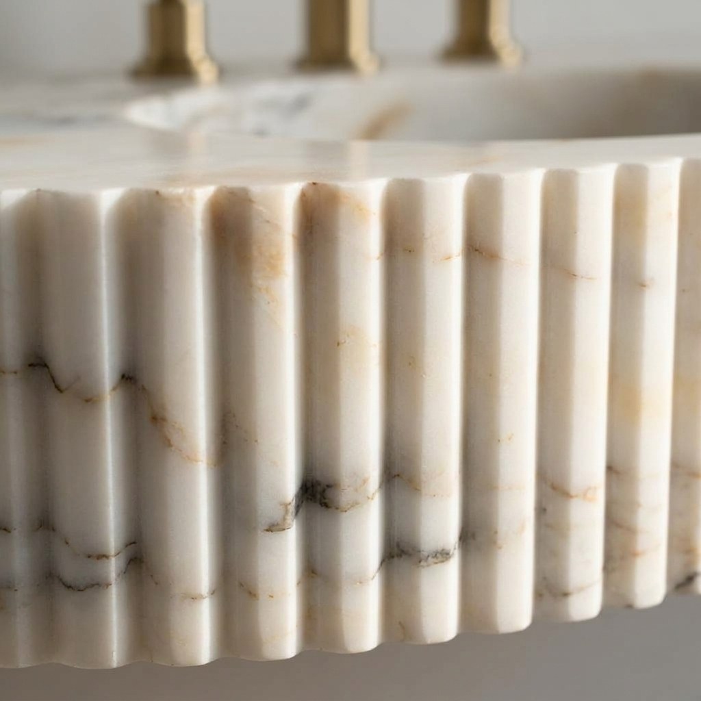 Calacatta Gold Polished Fluted Marble Sink — marble detail — view 3