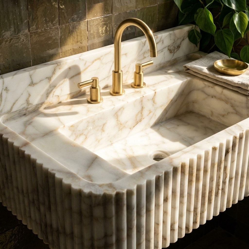 Calacatta Gold Fluted Marble Sink with Backsplash — premium — view 2