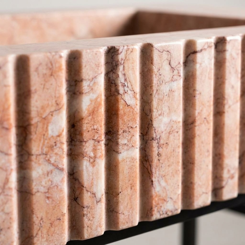 Pink Violet Fluted Marble Sink with Matte Black Stand — marble detail — view 3