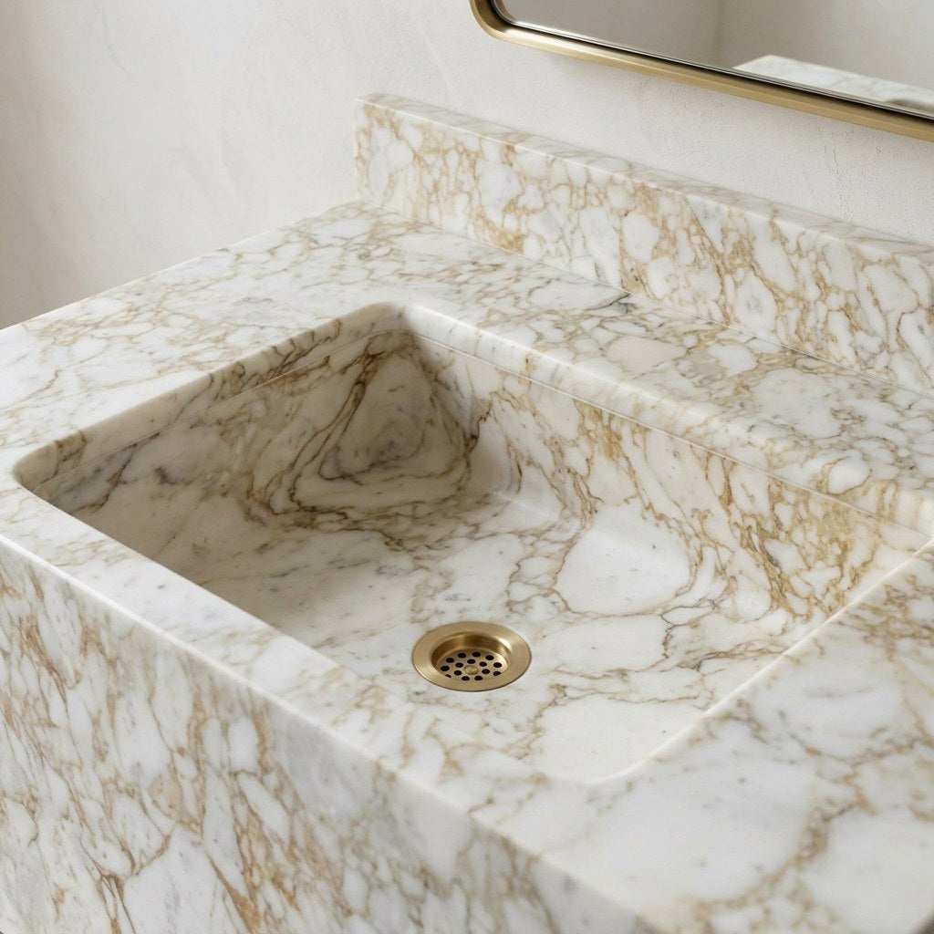 Calacatta Gold Polished Marble Sink with Backsplash — detail — view 3
