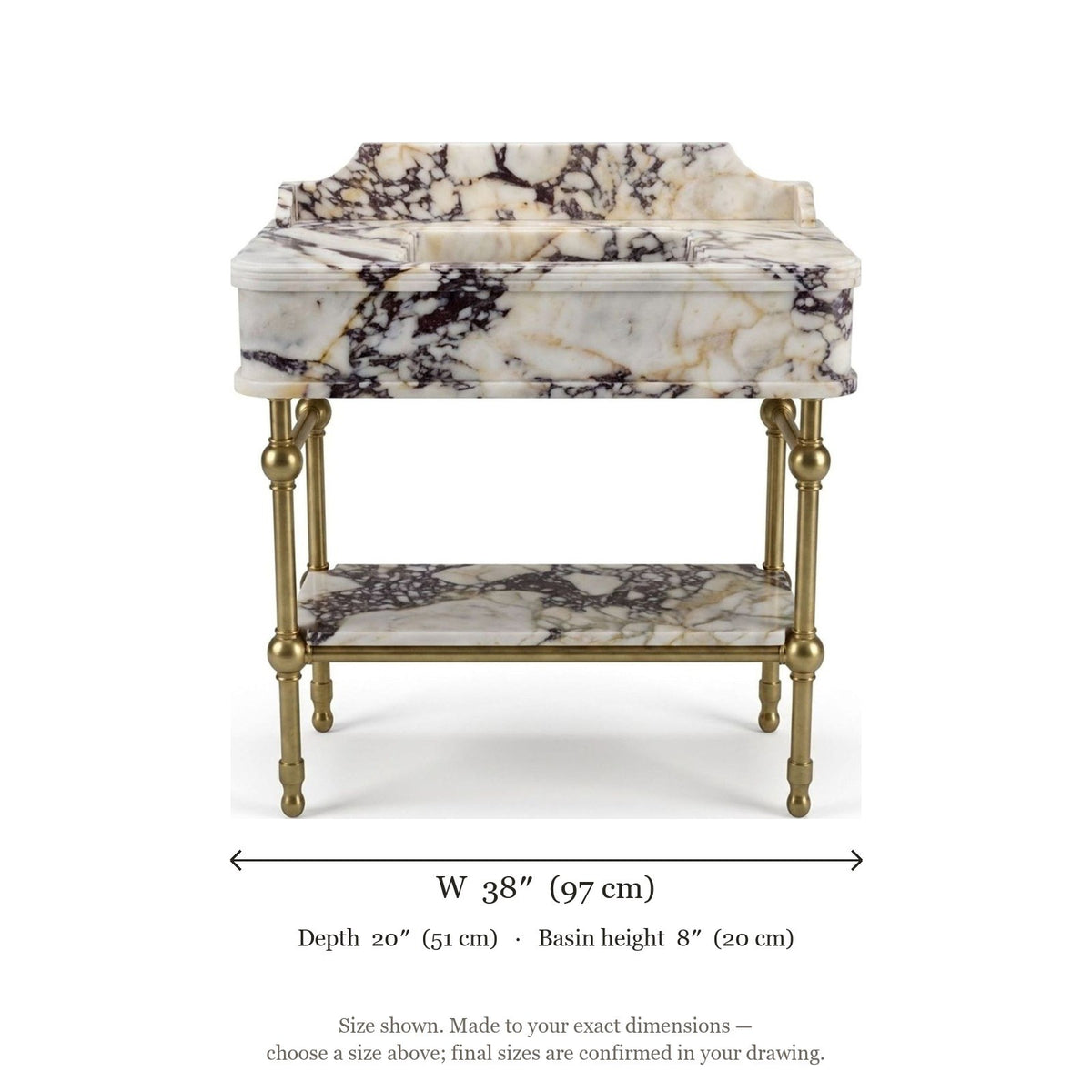 Calacatta Viola Polished Marble Sink with Brass Gold Stand — dimensions — view 5