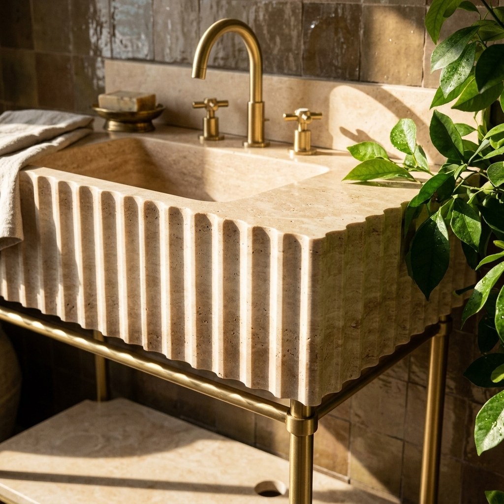 Travertine Fluted Sink with Brass Stand — premium — view 2