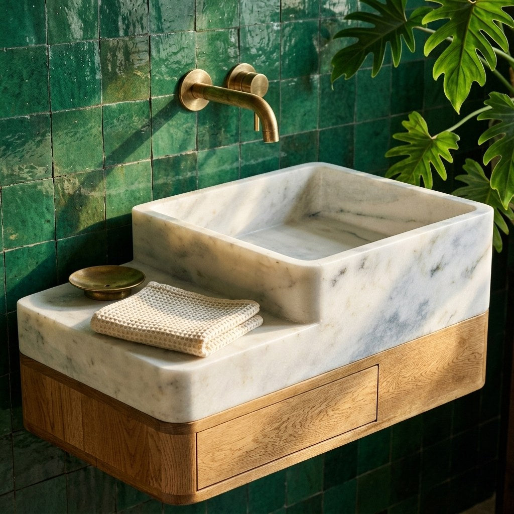Carrara Marble Vanity with Wood Cabinet — premium — view 2