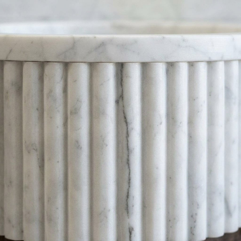 Carrara Marble Fluted Vanity Sink with Backsplash — marble detail — view 3