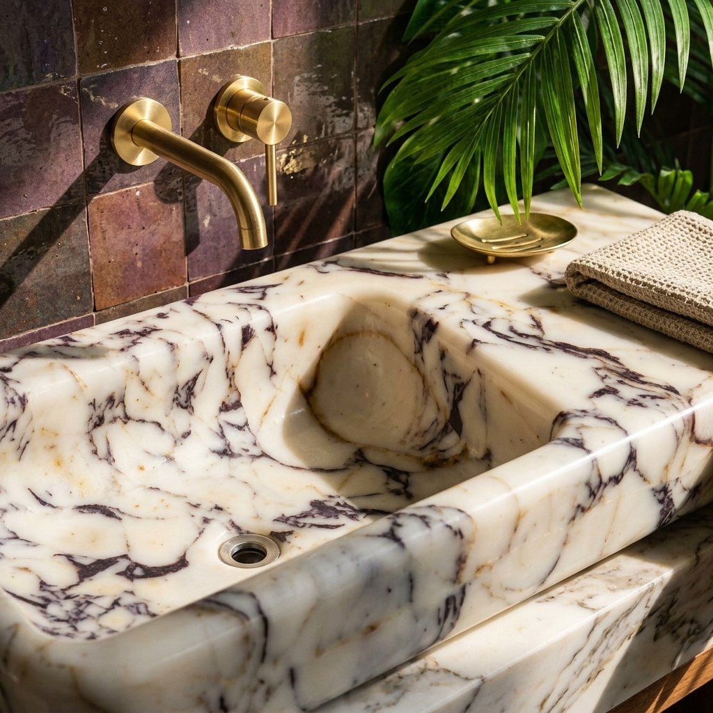 Calacatta Viola Rectangular Polished Marble Vessel Sink — premium — view 2