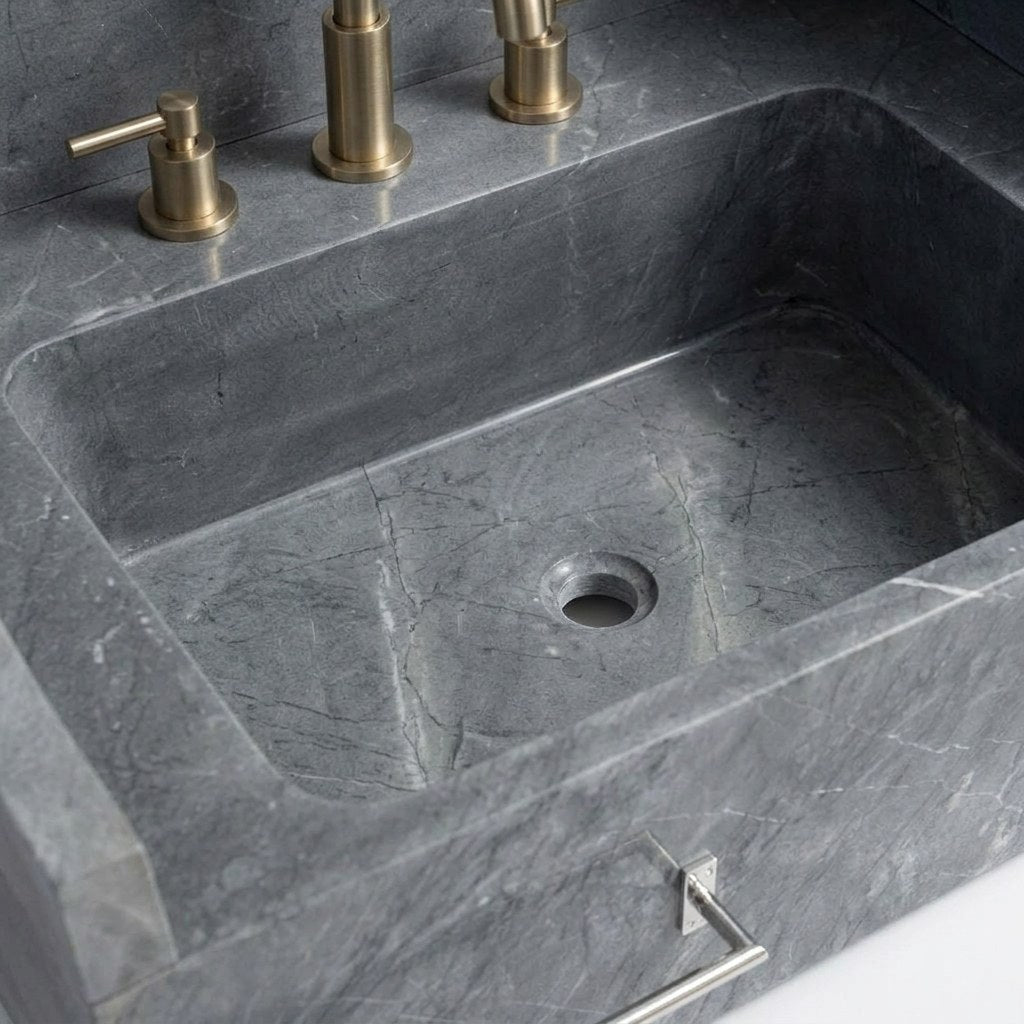 Honed Grey Marble Sink with Integrated Backsplash — detail — view 4
