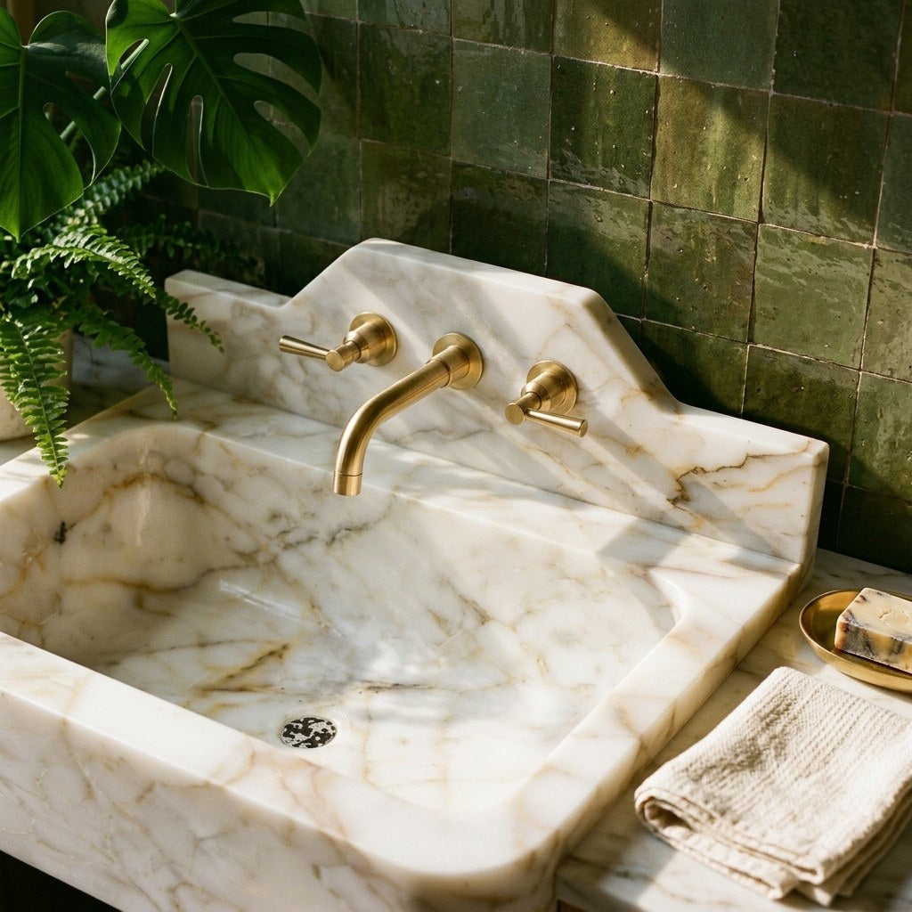 Calacatta Gold Polished Marble Sink with Backsplash — premium — view 2