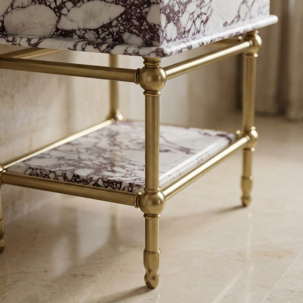 Calacatta Viola Marble Sink with Brass Stand and Backsplash — detail — view 4