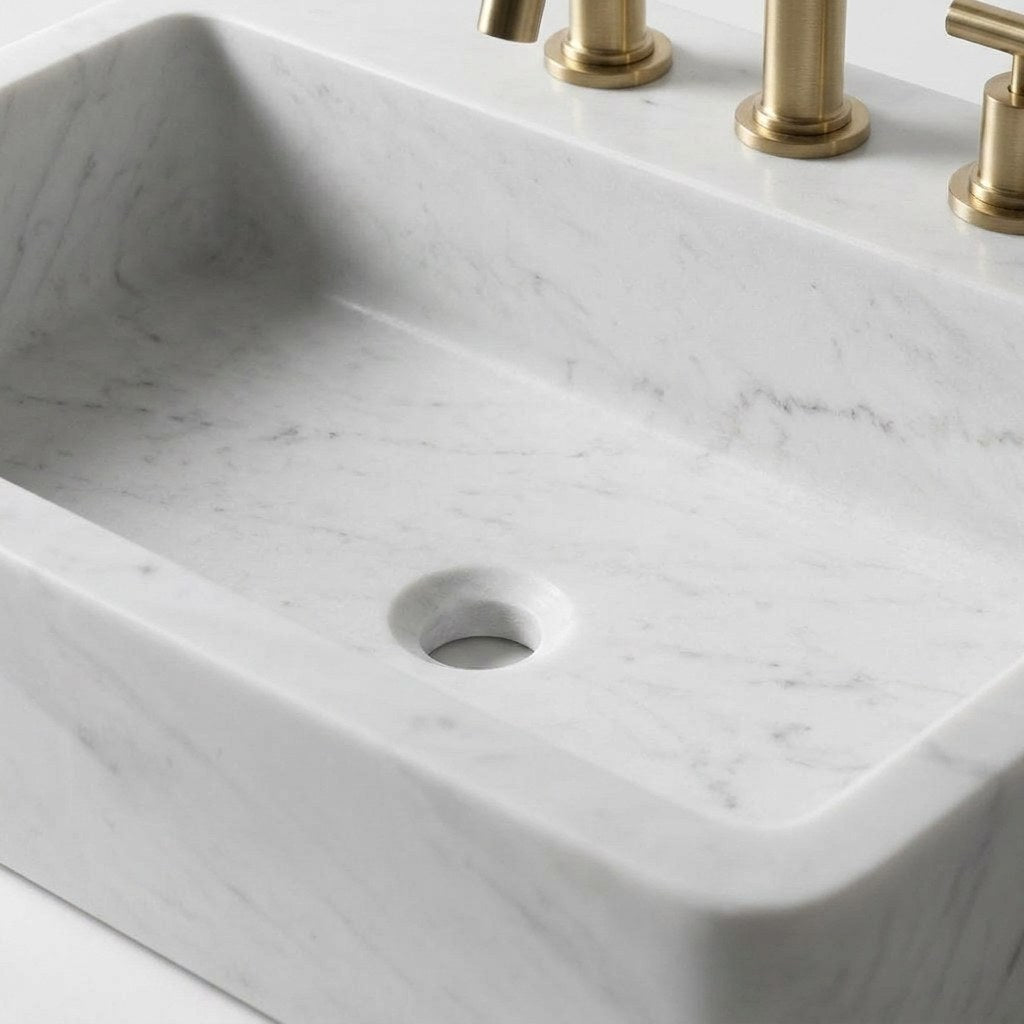 Carrara Polished Marble Sink with 3 Faucet Holes — detail — view 3