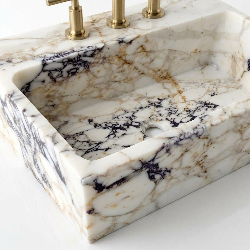 Calacatta Gold Polished Marble Sink with 3 Faucet Holes — detail — view 4
