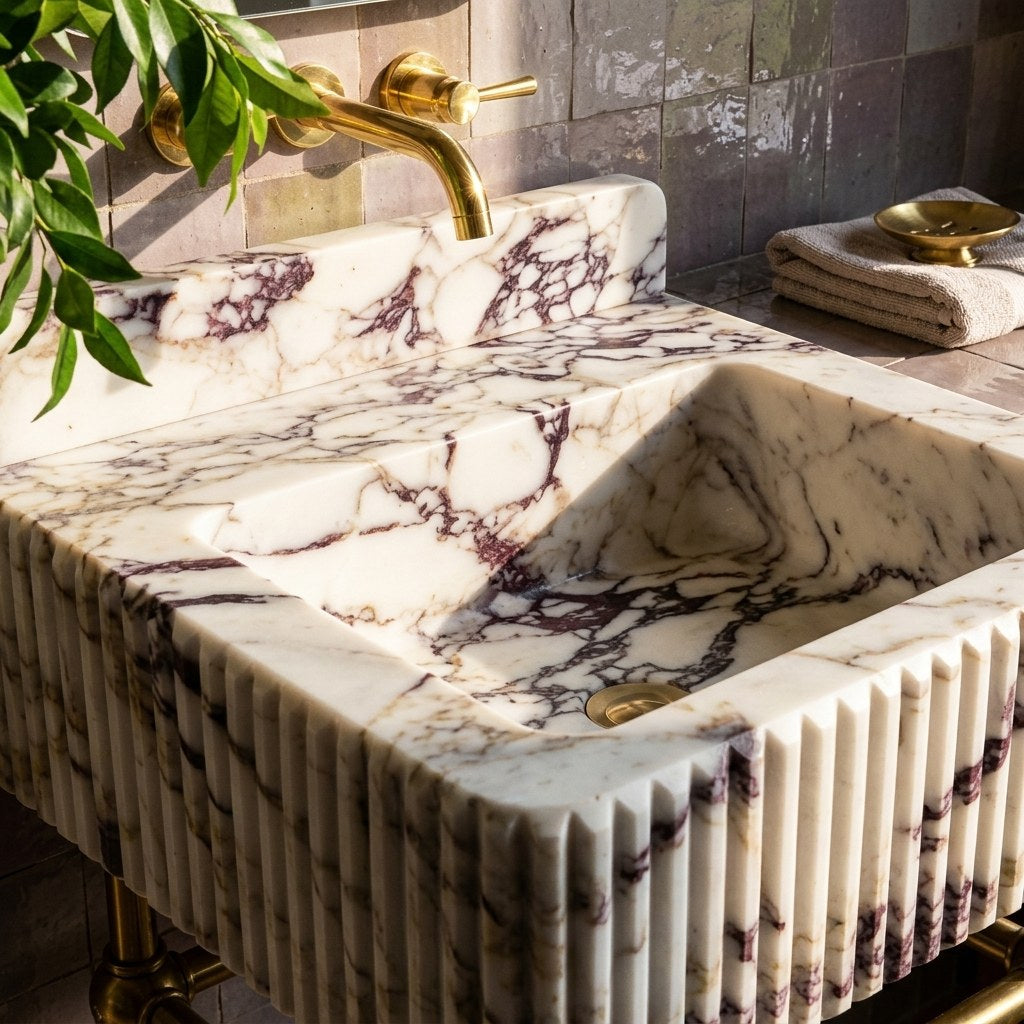Calacatta Viola Fluted Marble Sink with Brass Stand and Backsplash — premium — view 2