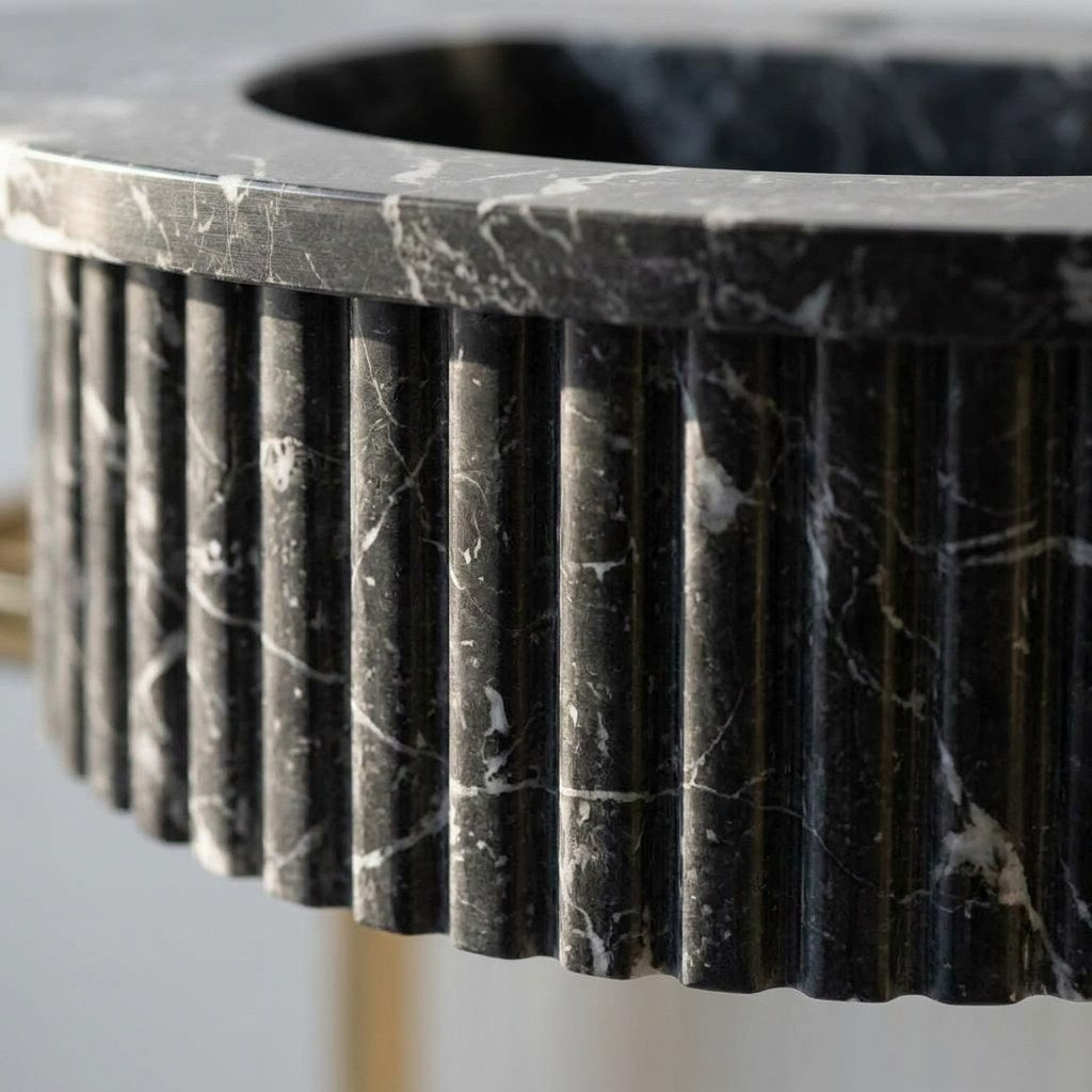 Pietra Notte Fluted Marble Sink with Brass Stand — marble detail — view 3