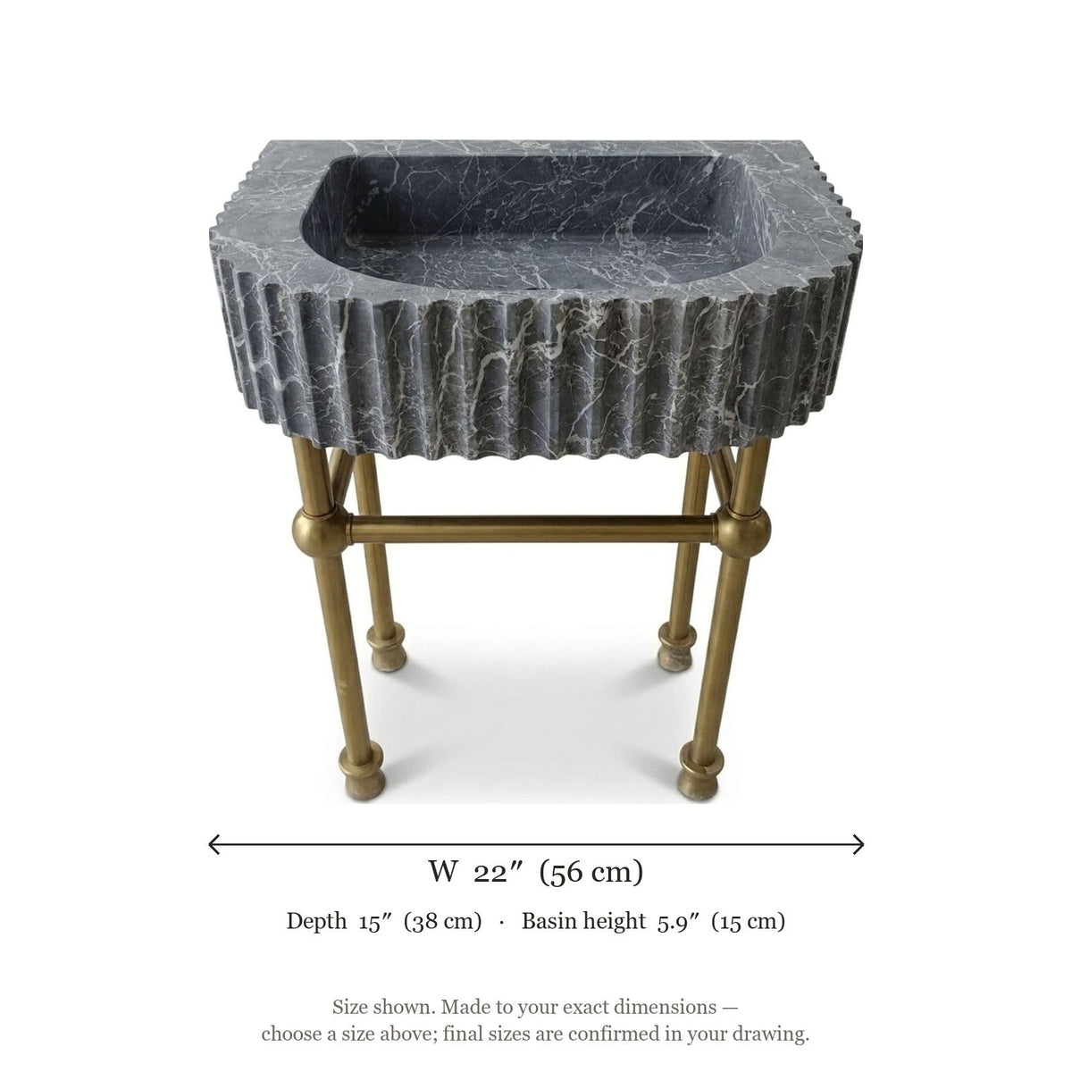 Pietra Notte Fluted Marble Sink with Copper Stand — dimensions — view 5