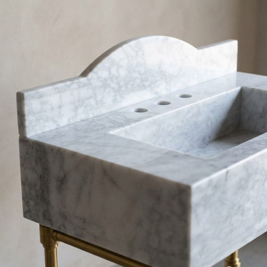 Carrara Honed Marble Sink with Brass Gold Stand — marble detail — view 3
