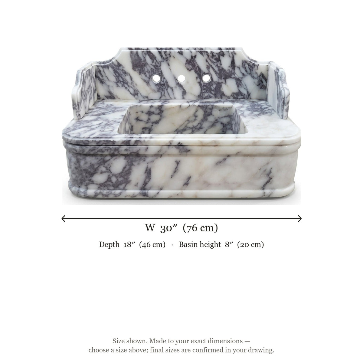 Calacatta Viola Marble Sink with Brass Stand and Backsplash — dimensions — view 4