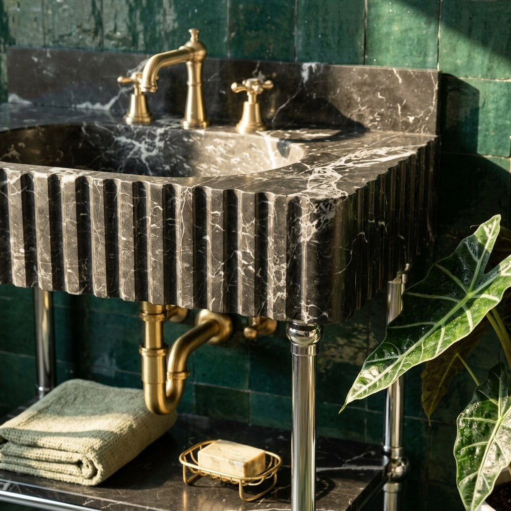 Pietra Notte Fluted Marble Sink with Metal Stand and Backsplash — premium — view 2