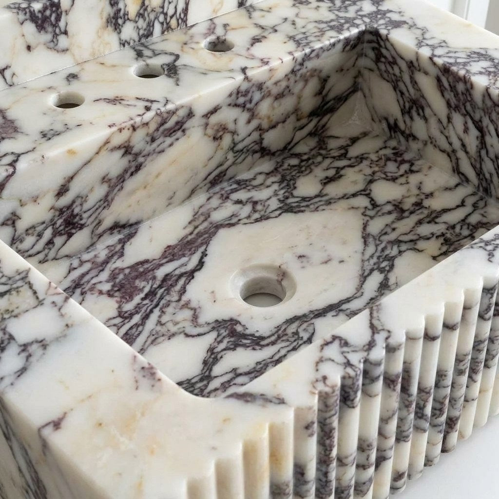 Calacatta Viola Fluted Marble Sink with Backsplash — detail — view 4