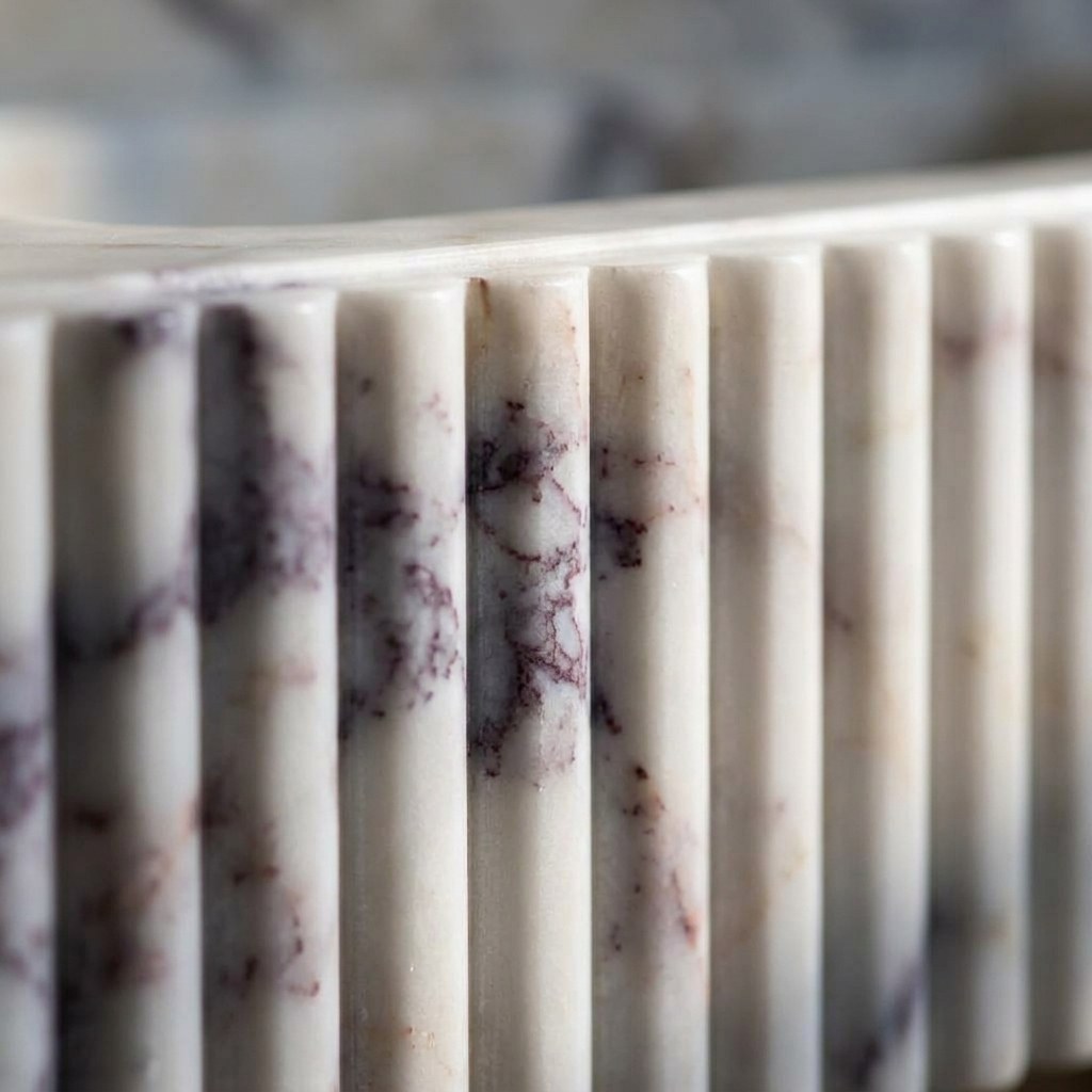 Calacatta Viola Fluted Marble Sink with Brass Stand and Backsplash — marble detail — view 2