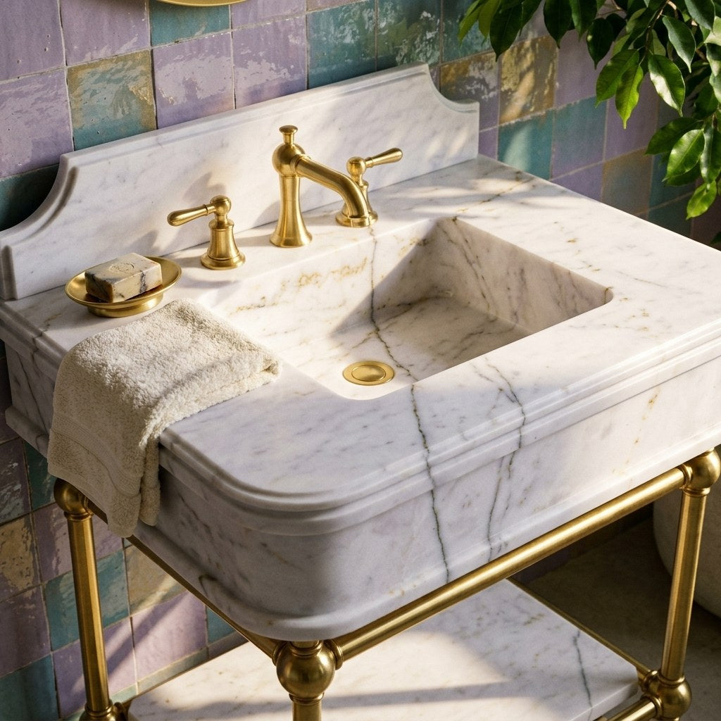 Lilac Marble Sink with Brass Gold Stand and Backsplash — premium — view 2
