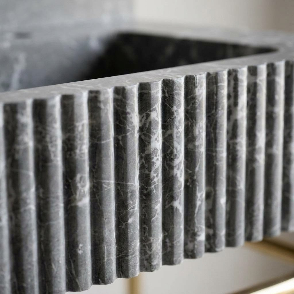 Pietra Notte Fluted Marble Sink with Brass Stand — marble detail — view 3