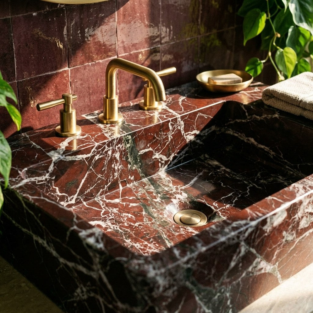 Rosso Levanto Marble Rectangular Sink with 3 Faucet Holes — premium — view 2