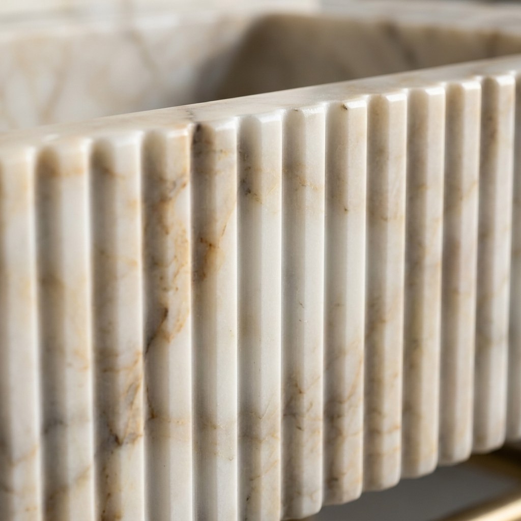 Calacatta Gold Fluted Marble Sink with Brass Stand — marble detail — view 3