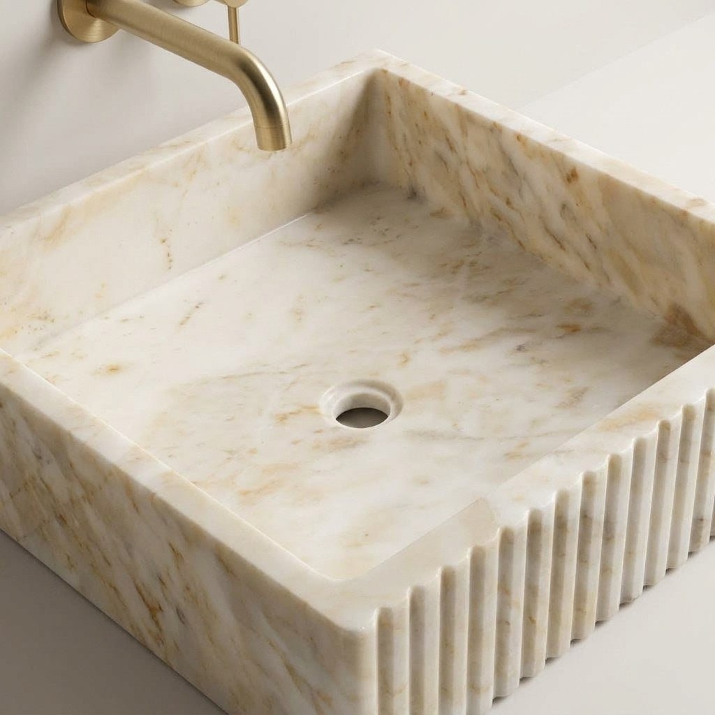 Calacatta Gold Fluted Marble Vessel Sink — detail — view 4