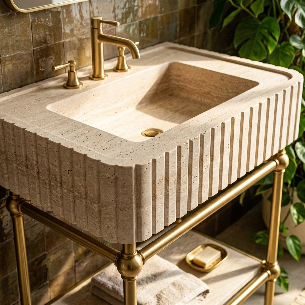 Honed Travertine Fluted Sink with Brass Stand — premium — view 2