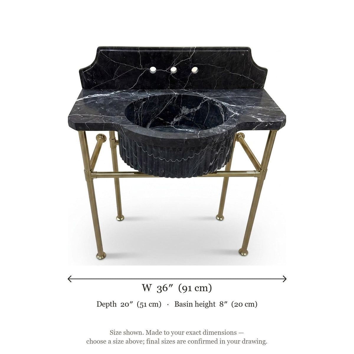 Pietra Notte Fluted Marble Sink with Brass Stand — dimensions — view 5
