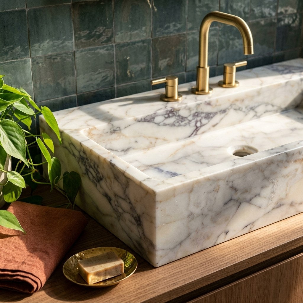 Calacatta Viola Honed Marble Sink with 3 Faucet Holes — premium — view 2