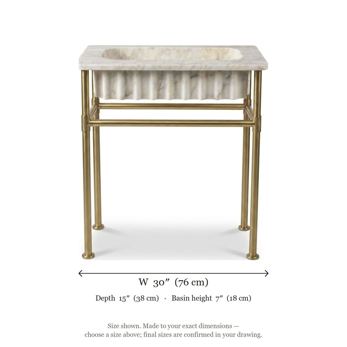 Calacatta Gold Fluted Marble Sink with Brass Stand — dimensions — view 5