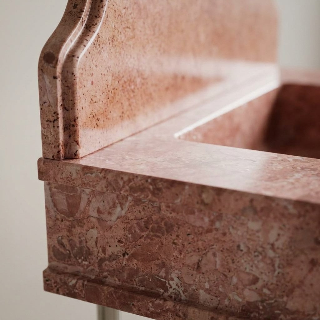 Polished Travertine Sink with Backsplash and Brushed Steel Stand — marble detail — view 3