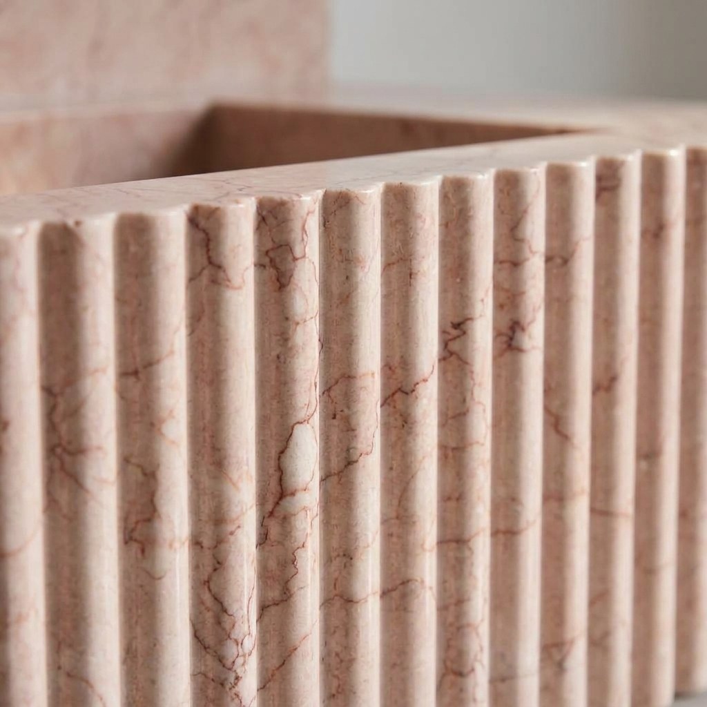 Pink Violet Fluted Marble Sink with Backsplash — marble detail — view 3