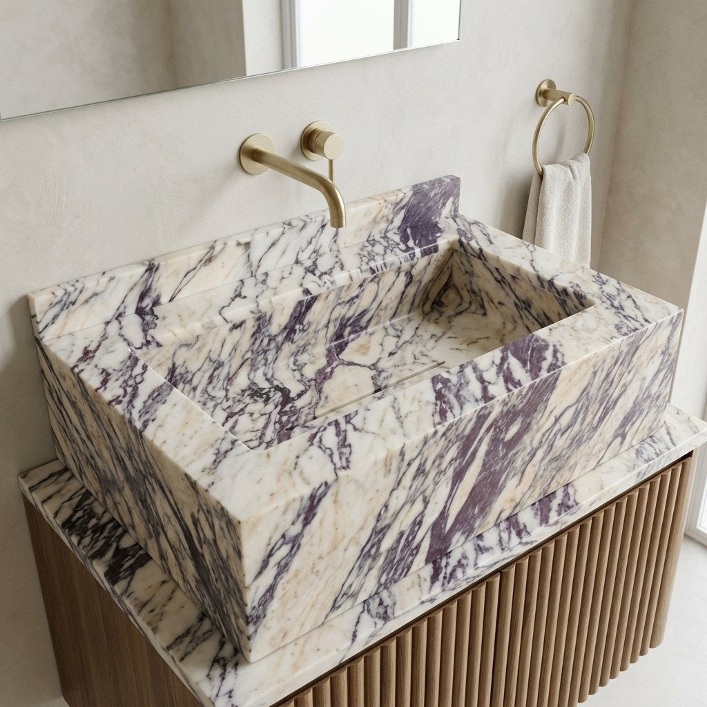 Calacatta Viola Honed Marble Sink with Backsplash — detail — view 4