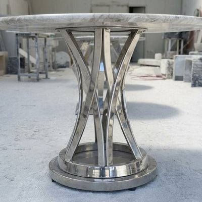 Polished Carrara Marble Table with Brushed Steel Base — detail