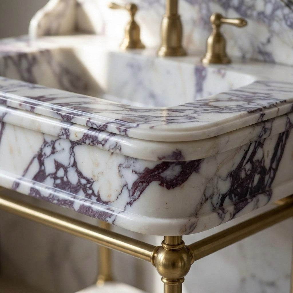 Calacatta Viola Honed Marble Sink with Brass Stand — marble detail — view 3