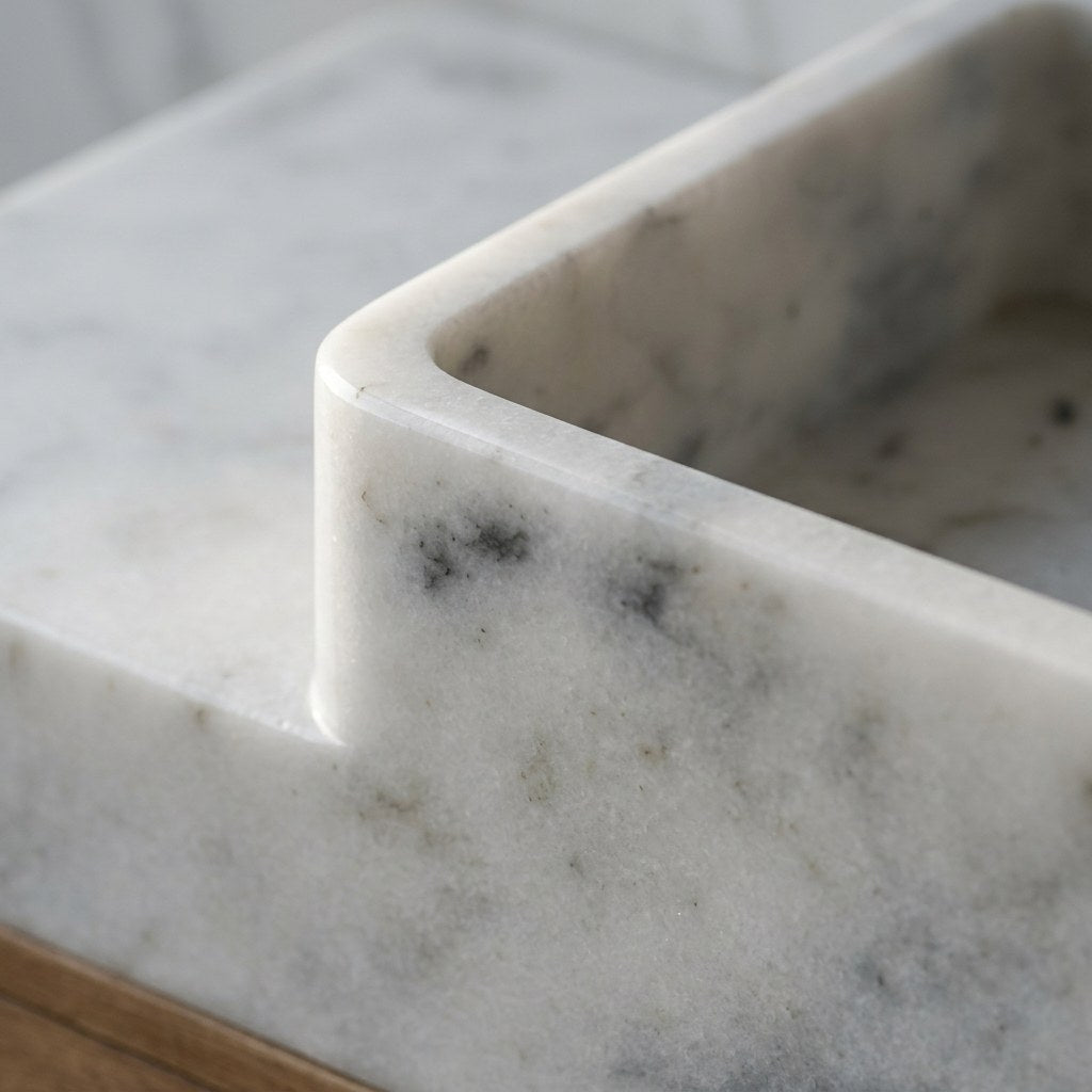 Carrara Marble Vanity with Wood Cabinet — marble detail — view 3