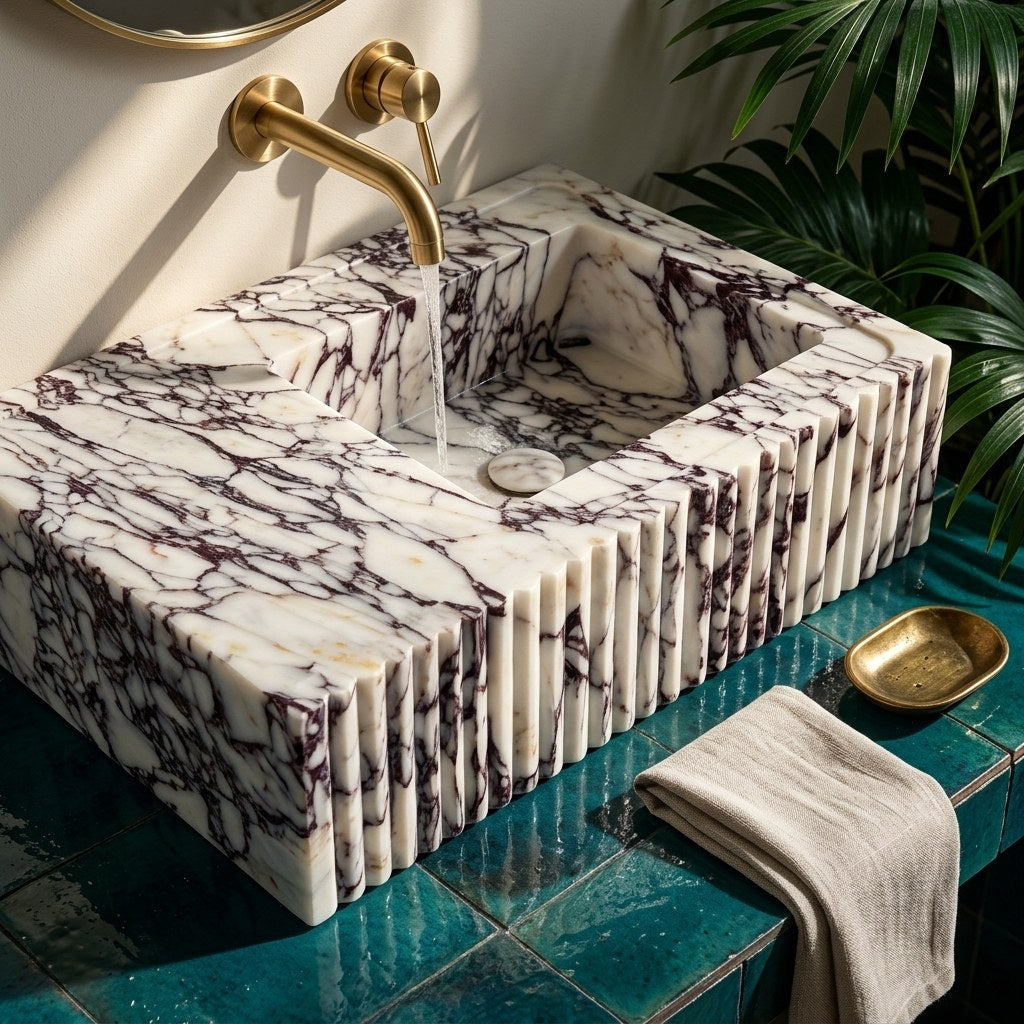 Calacatta Viola Fluted Polished Marble Vessel Sink — premium — view 2