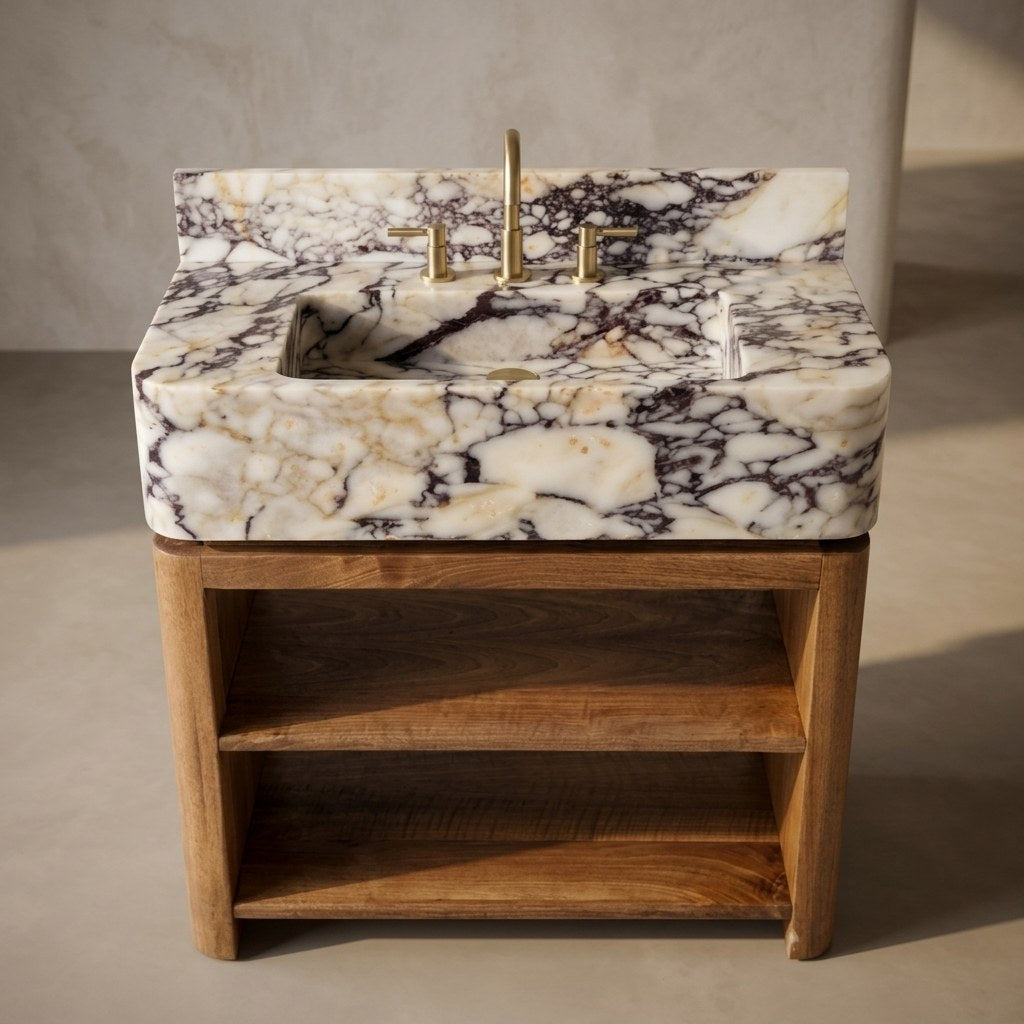 Calacatta Viola Polished Marble Vanity with Backsplash — detail — view 4