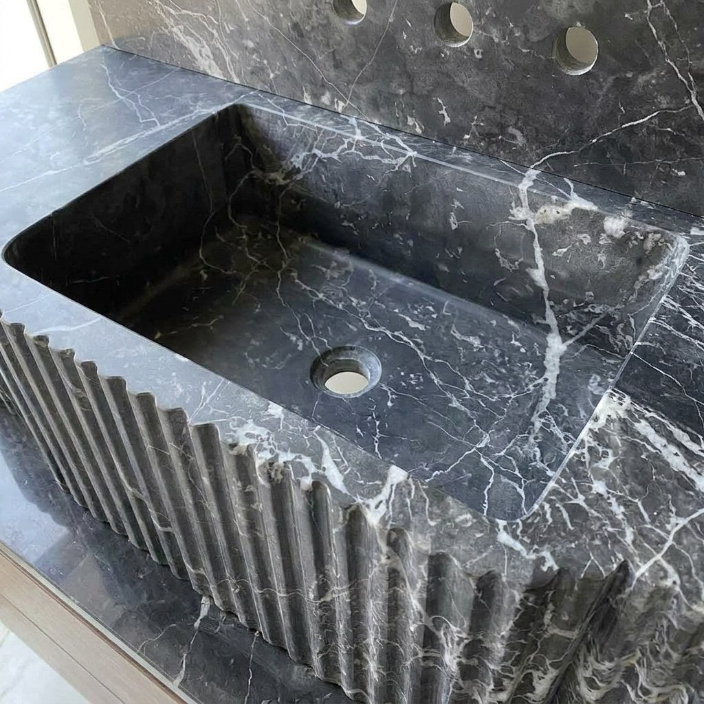 Pietra Notte Fluted Marble Sink with Backsplash — detail — view 4