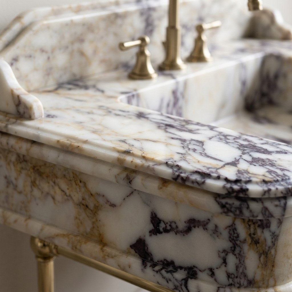 Calacatta Viola Marble Sink with Brushed Steel Stand — marble detail — view 3
