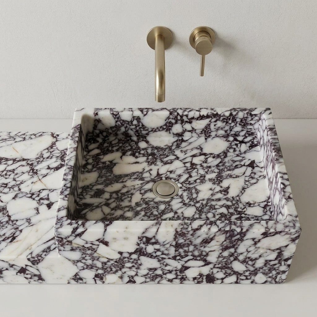 Calacatta Viola Polished Marble Vessel Sink with Deck — detail — view 4