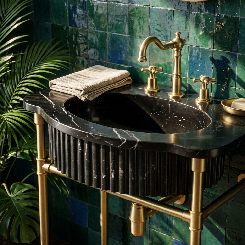 Nero Marquina Fluted Marble Sink with Brass Stand — premium — view 2