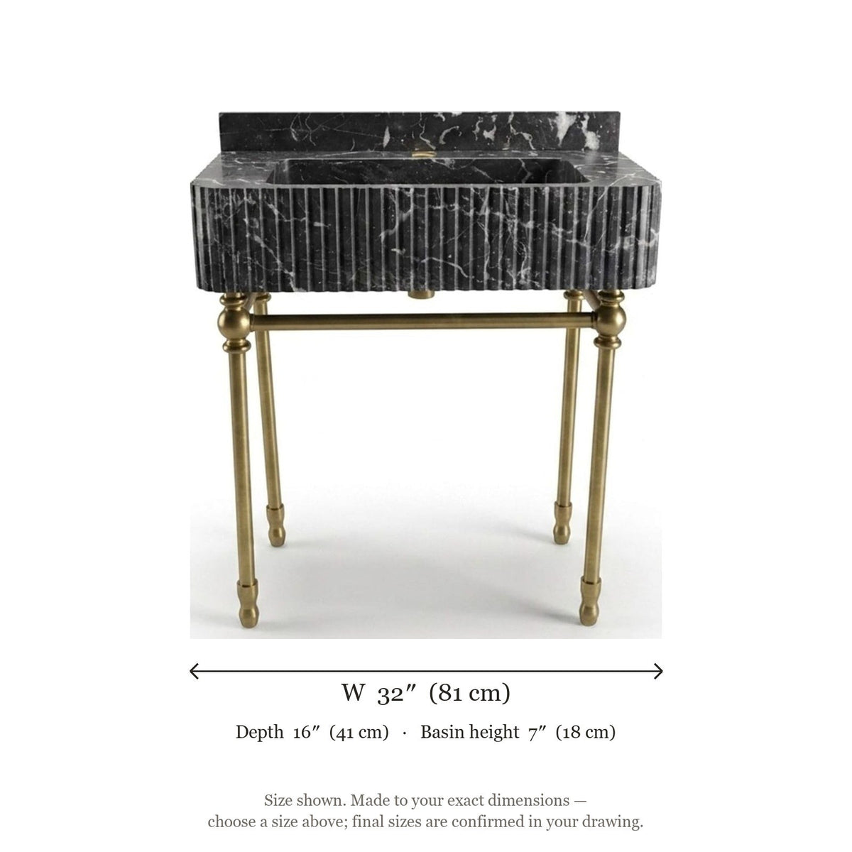 Pietra Notte Fluted Marble Sink with Brass Stand — dimensions — view 5