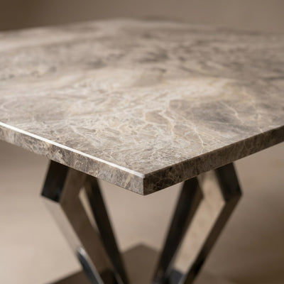 Polished Travertine Table with Brushed Steel Base — marble detail