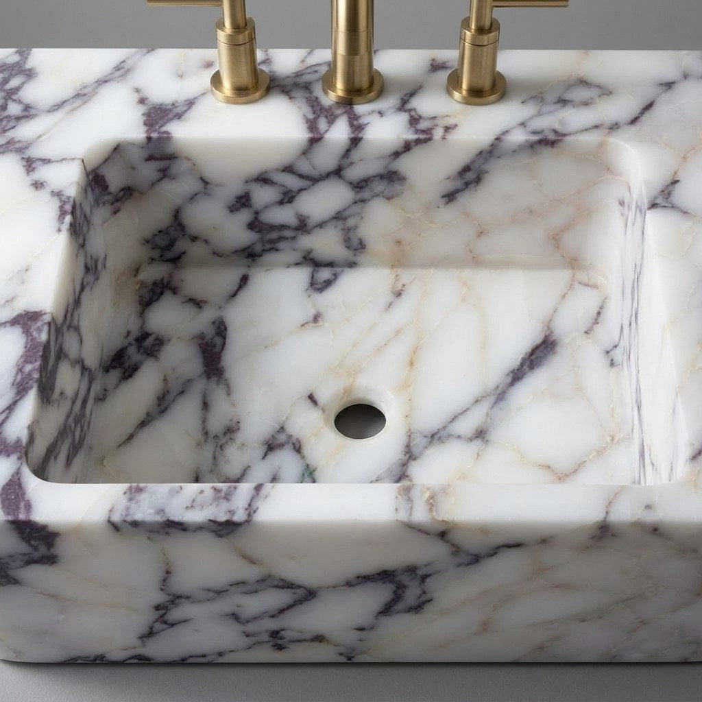 Calacatta Viola Polished Marble Sink with 3 Faucet Holes — detail — view 4