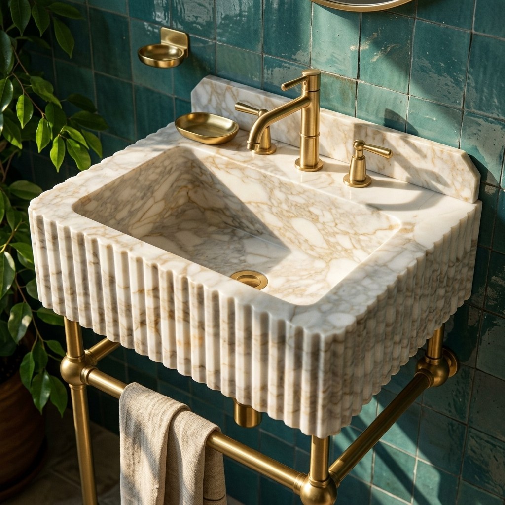 Calacatta Gold Fluted Marble Sink with Brass Stand — premium — view 2