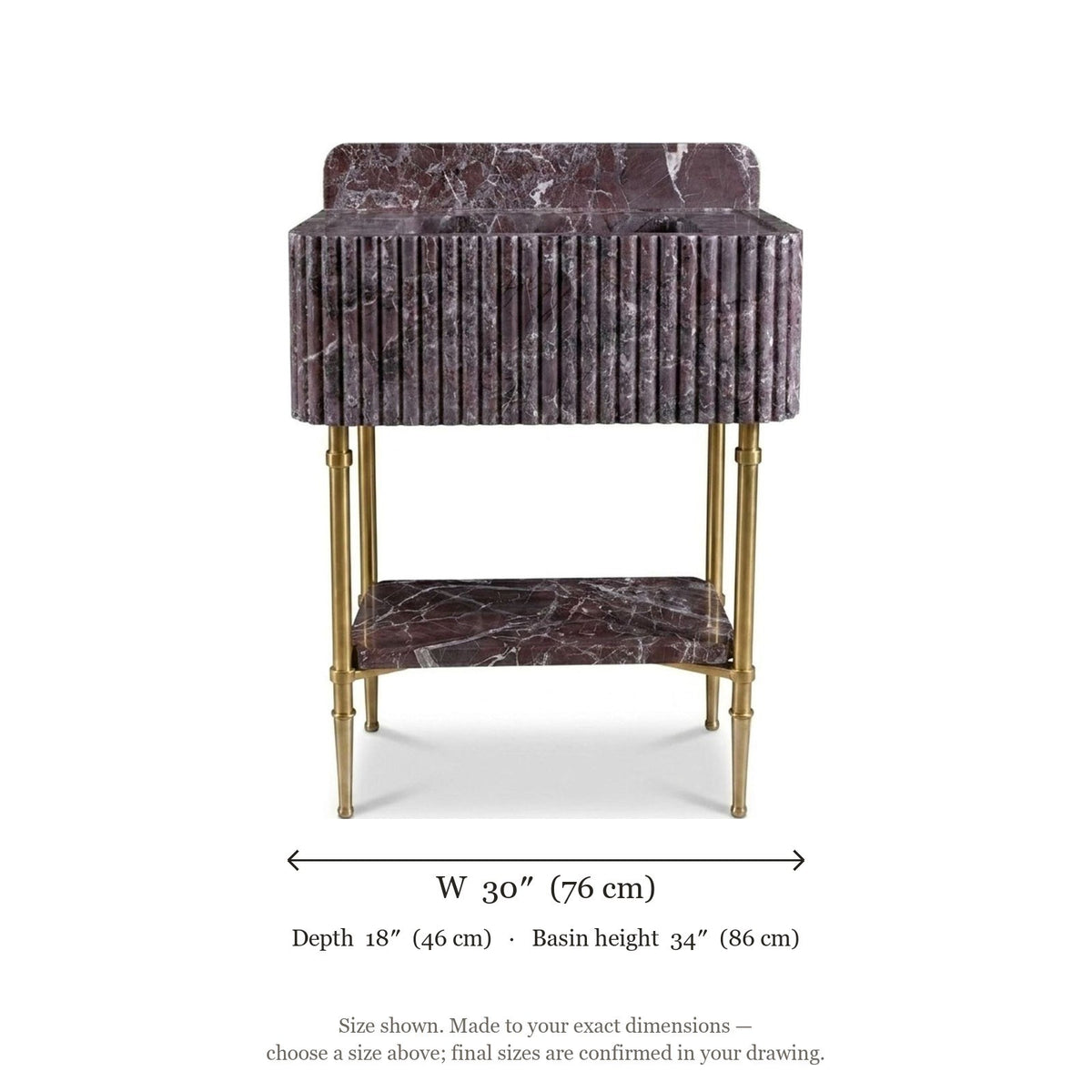 Rosso Levanto Fluted Marble Sink with Brass Stand — dimensions — view 5
