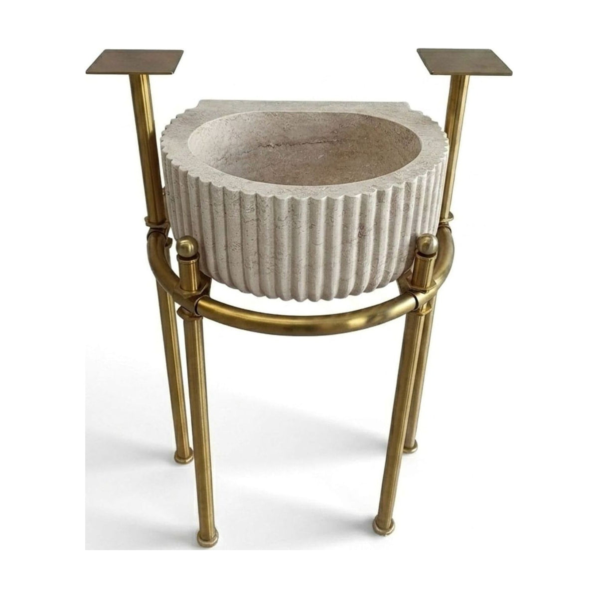 Travertine Fluted Travertine Sink with Brass Stand — view 1