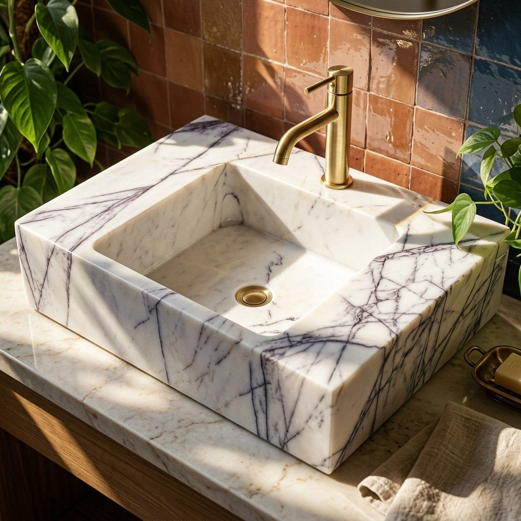 Lilac Polished Marble Vessel Sink with Single Faucet Hole — premium — view 2